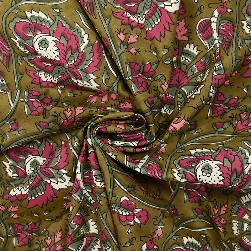 Indian cotton print haora pink and green khaki background