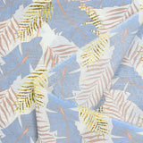 Light printed viscose Light sheets and blue feathers white background