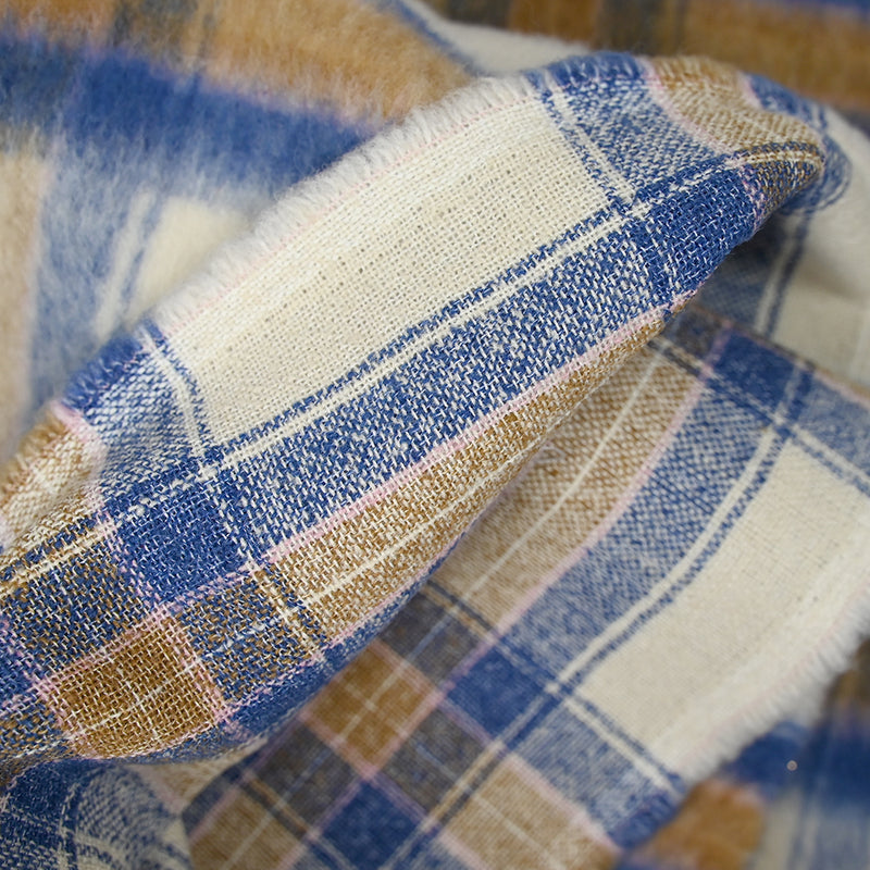 Laine mélangée brossée à carreaux bleu, camel et écru