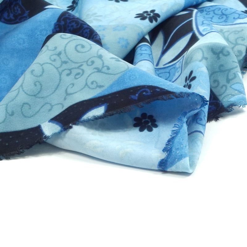 Microfibre imprimée polyester fleurs et formes bleu