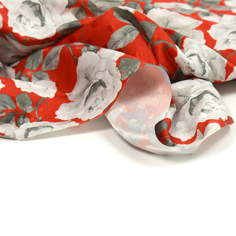 Satin imprimé et pois polyester fleurs gris fond rouge