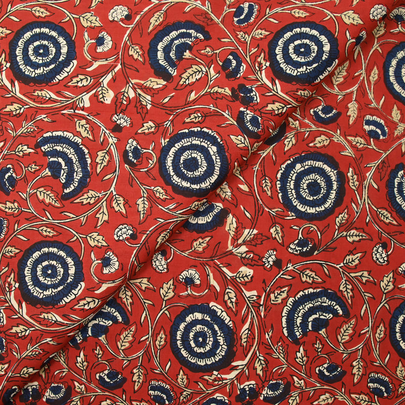 Coton indien imprimé Vadodara bleu marine fond rouge tomette