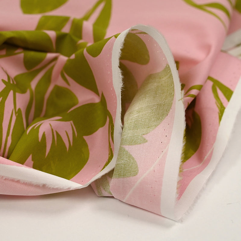 Coton satiné imprimé plantation rose et vert
