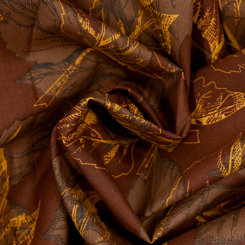 Popeline de coton imprimée feuilles d'automne fond marron
