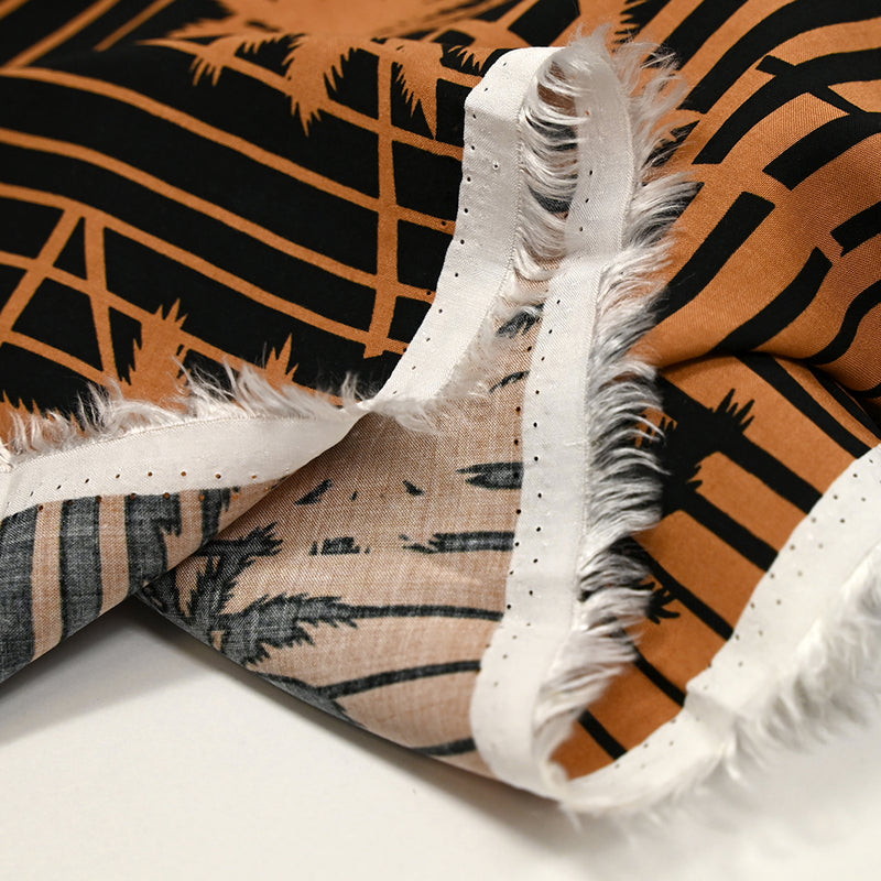 Print viscose palm trees and brown and black stripes
