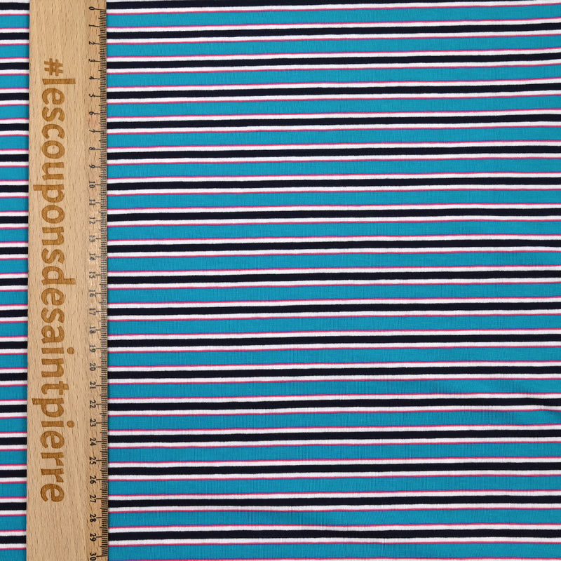Cotton jersey midnight blue stripes and rose turquoise background