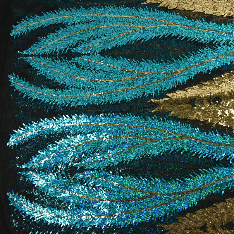 Tulle sequin plumes royales or et bleu turquoise