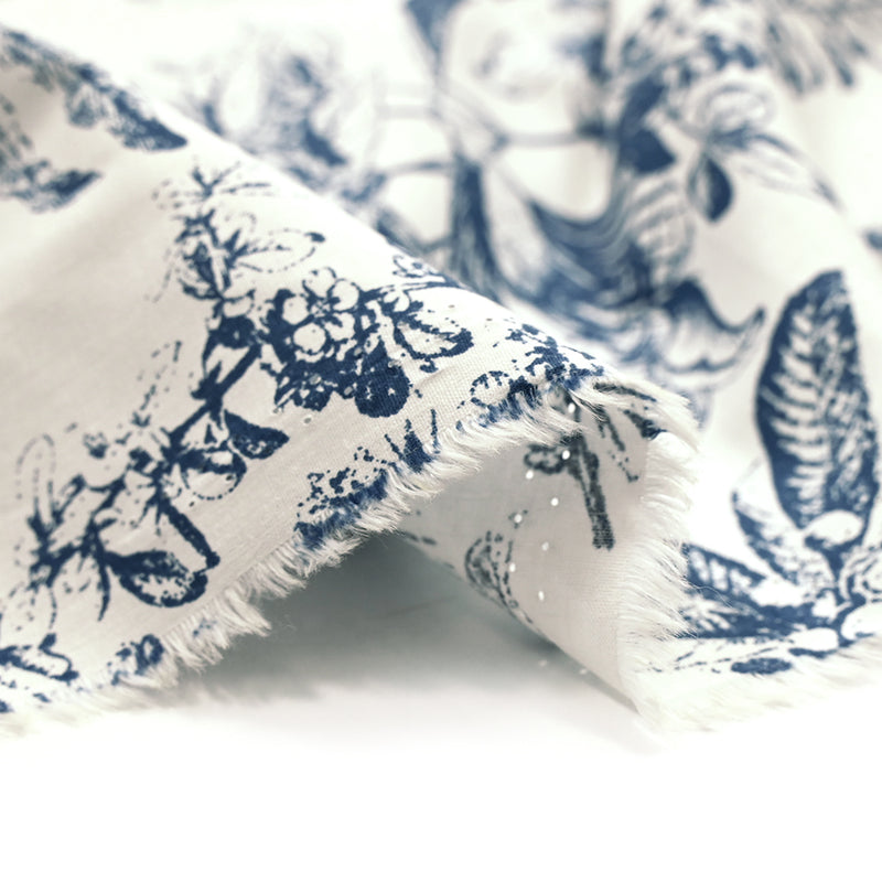 Popeline de coton imprimée Céleste bleu foncé fond blanc
