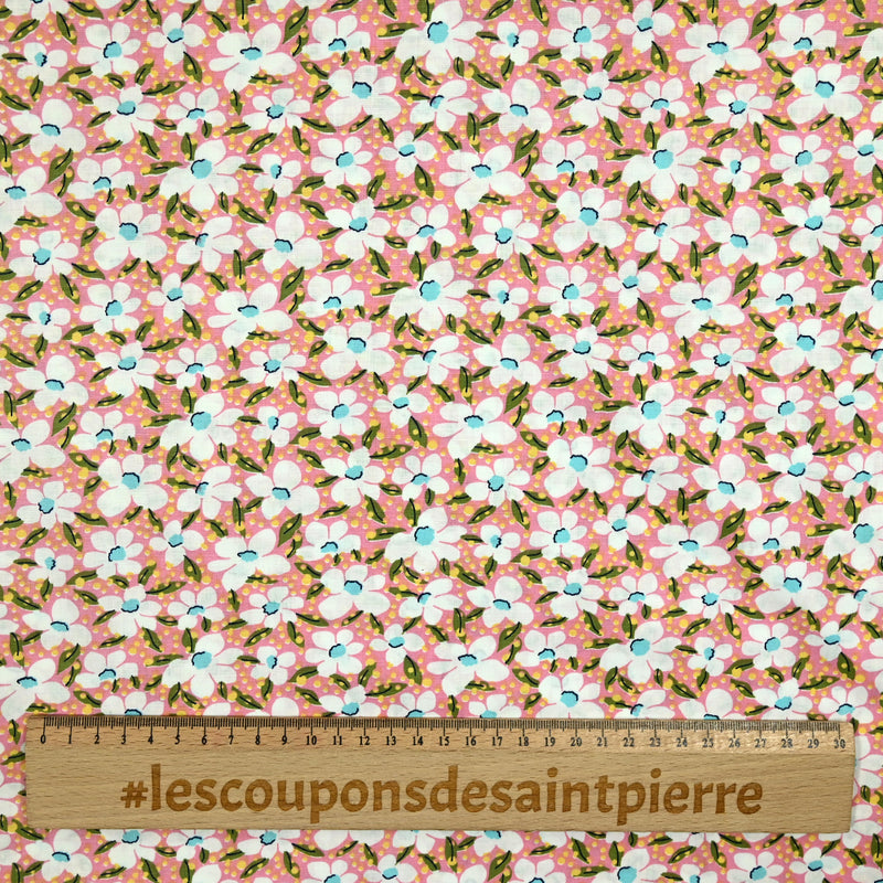 Printed Cotton Popeline Yellow Pea and Blue Flowers Pink Fund