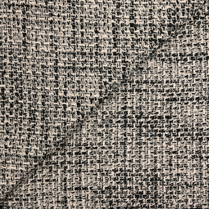 Tweed de polycoton noir, blanc cassé et irisé argent