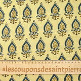 Coton indien imprimé Chennai bleu et ocre fond beige