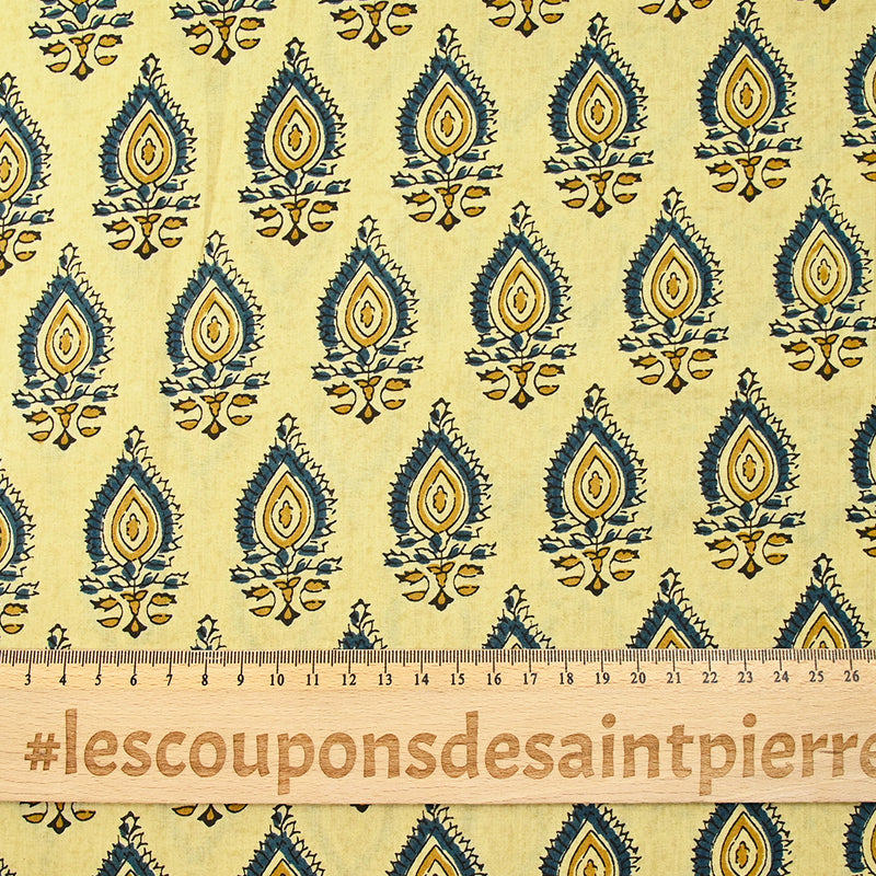 Coton indien imprimé Chennai bleu et ocre fond beige