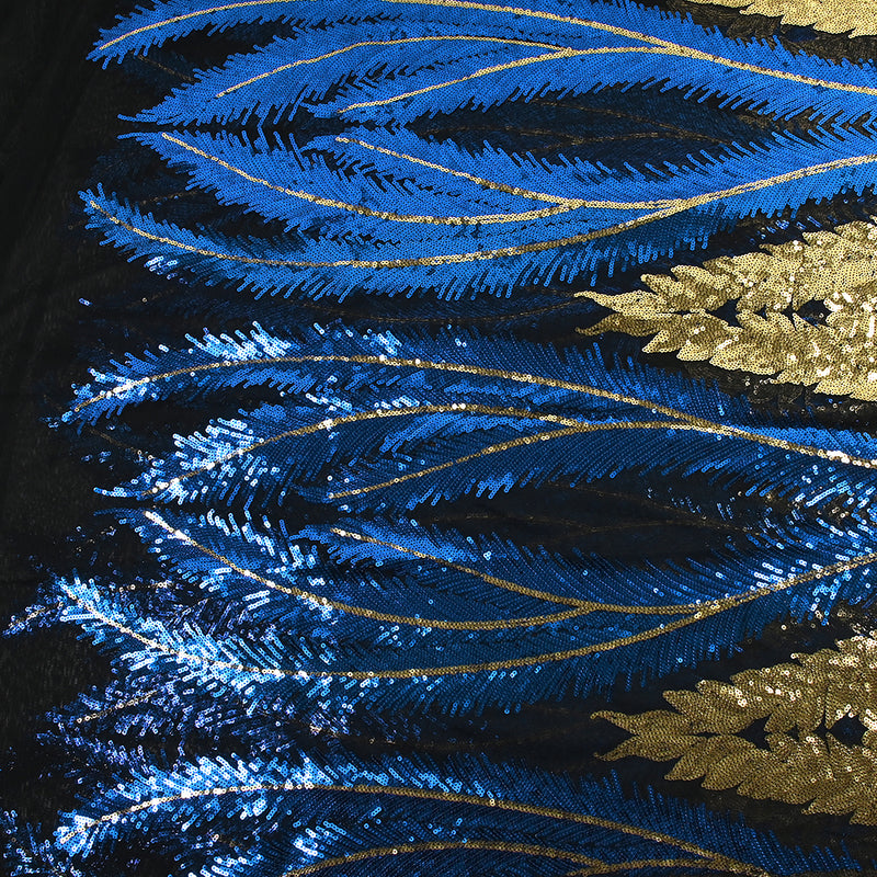 Tulle Sequin Royal feathers gold and blue