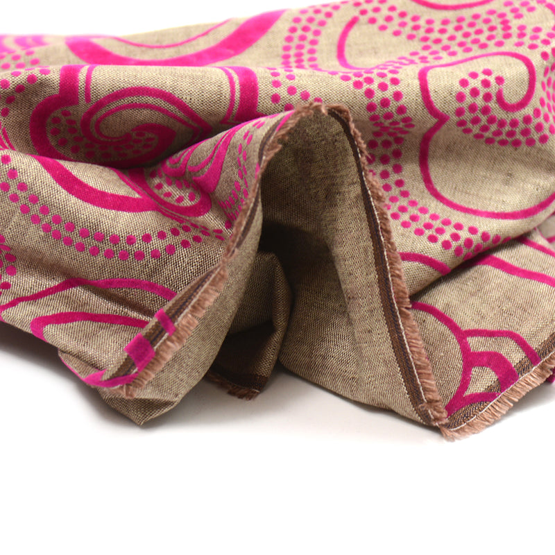 Toile en lin et viscose floquée ornement fuchsia