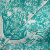 Satin de soie imprimé dans la jungle turquoise fond blanc