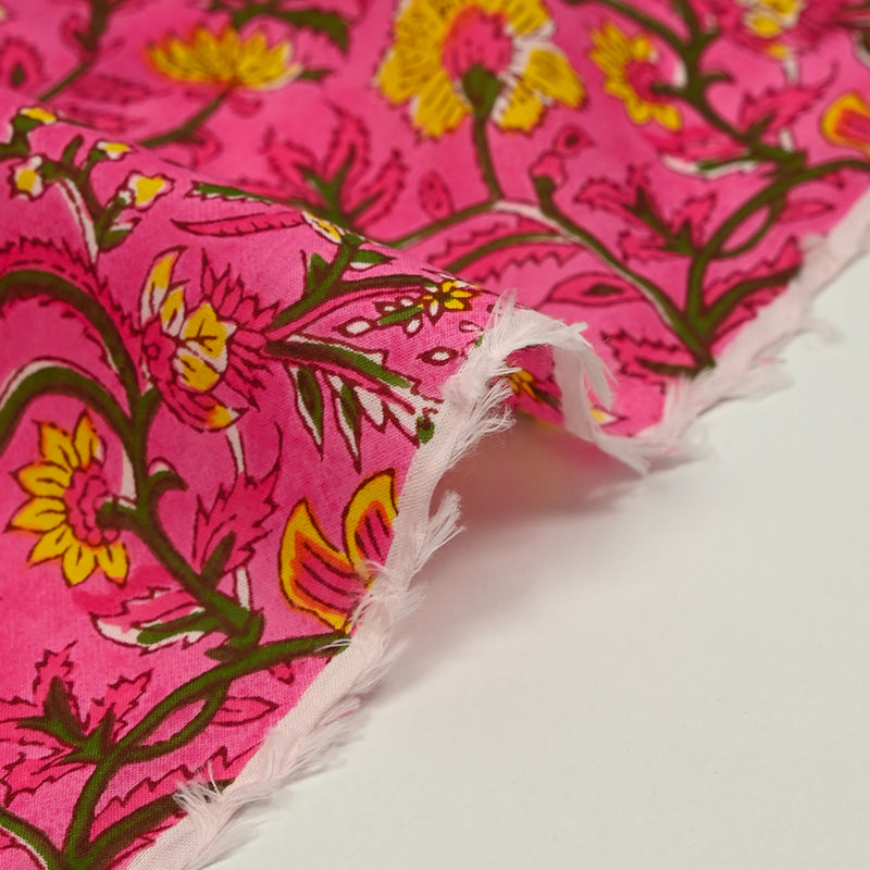 Indian cotton printed kali green and yellow pink background