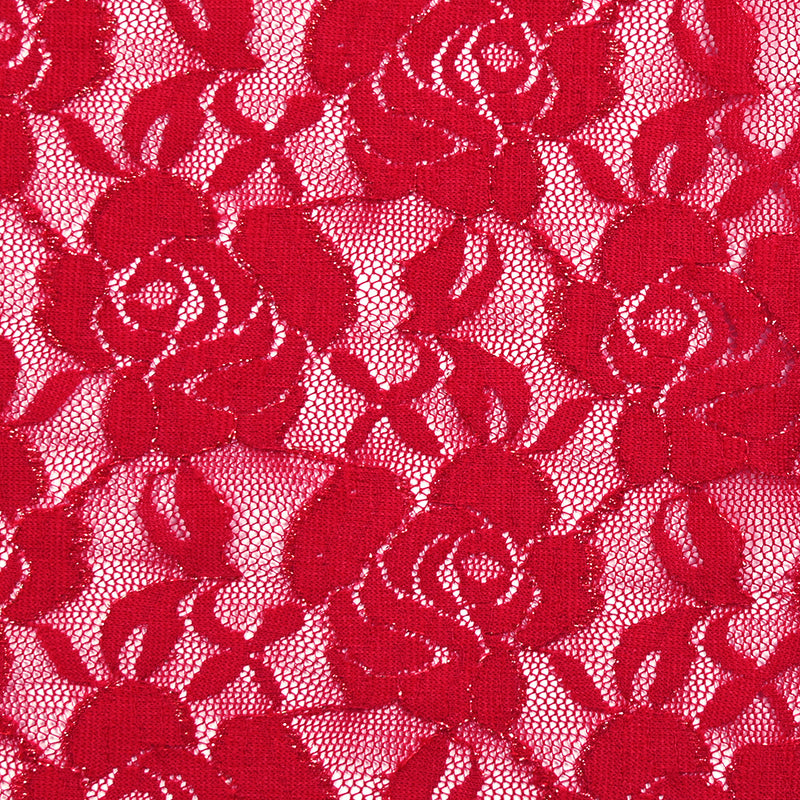 Dentelle polyester Rosie lurex doré fond rouge