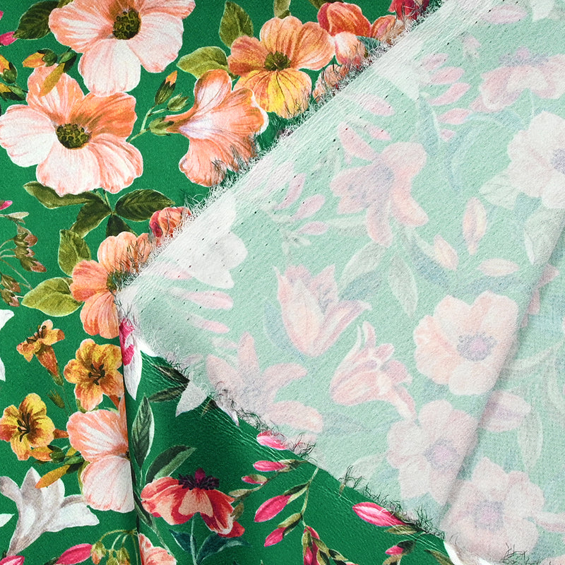 Polyester Crêpe Print Liane Print Of Flowers Green Mint Fond