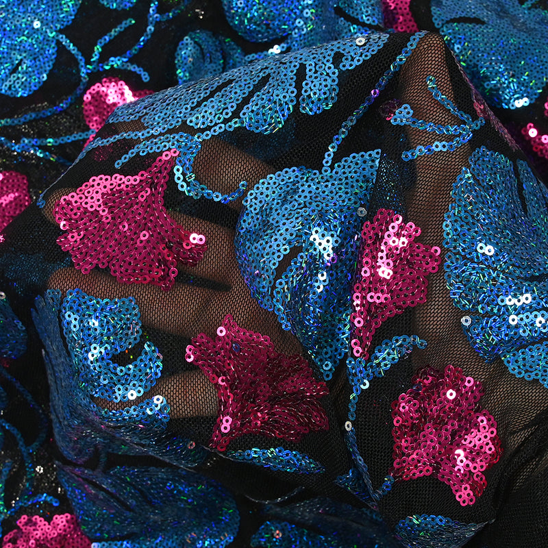 Tulle Sequin Flowers and Monstera Blue and Pink