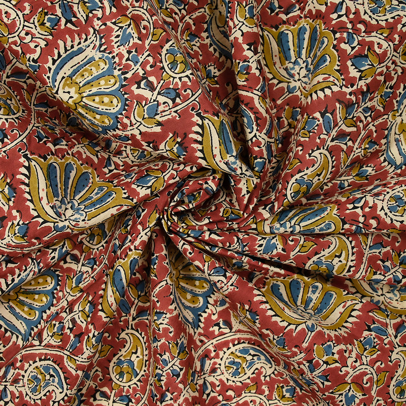 Coton indien imprimé Uma bleu barbeau et jaune fond tomette