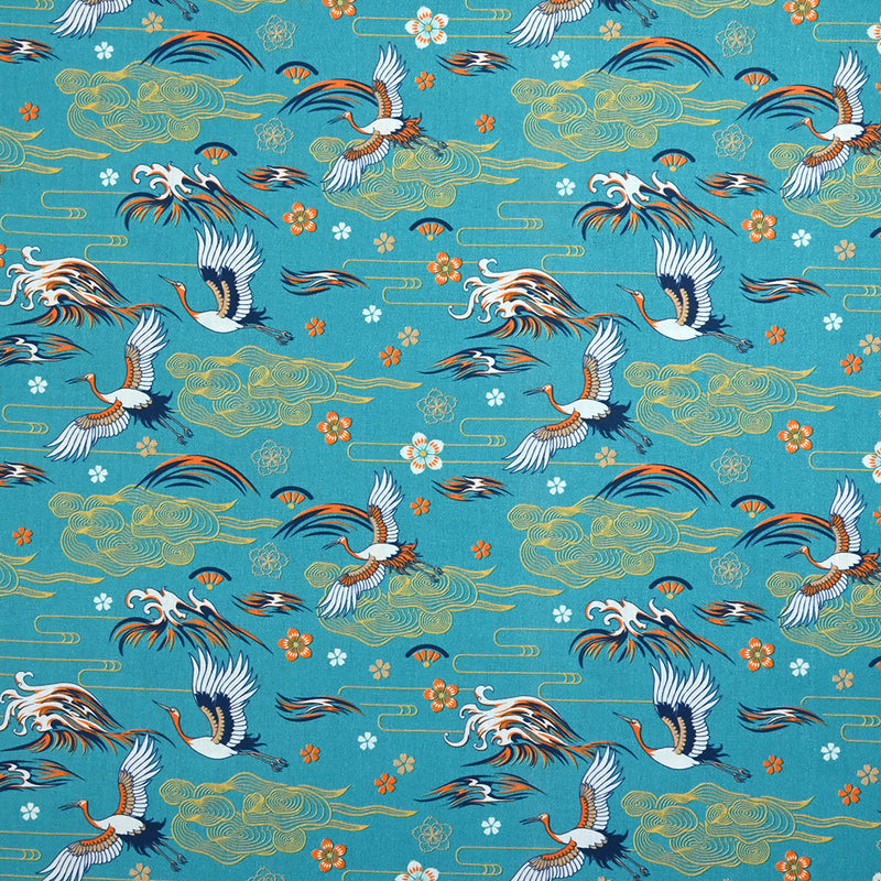 Coton imprimé nuage d'oiseaux fleuri fond bleu canard