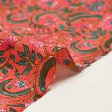 Indian Cotton Print Indore Green And Rose Corail Background