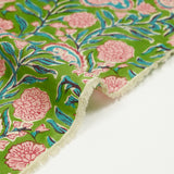 Coton indien imprimé Shiva rose et bleu turquoise fond vert pomme