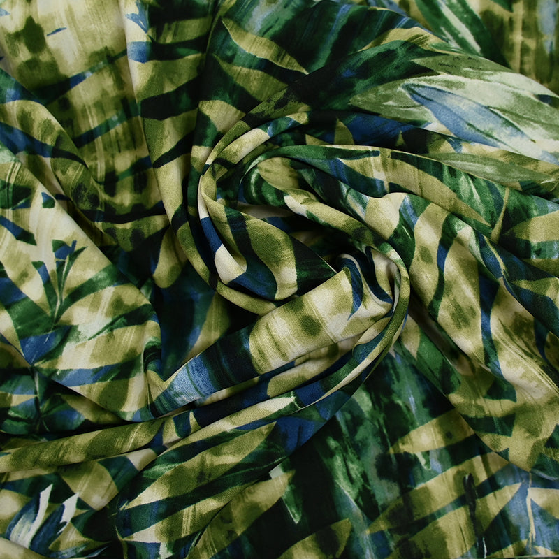 Polyester imprimé fougères fond vert et bleu