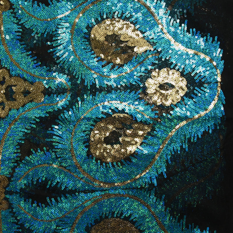 Tulle Sequin Royal Feathers oro y azul turquesa