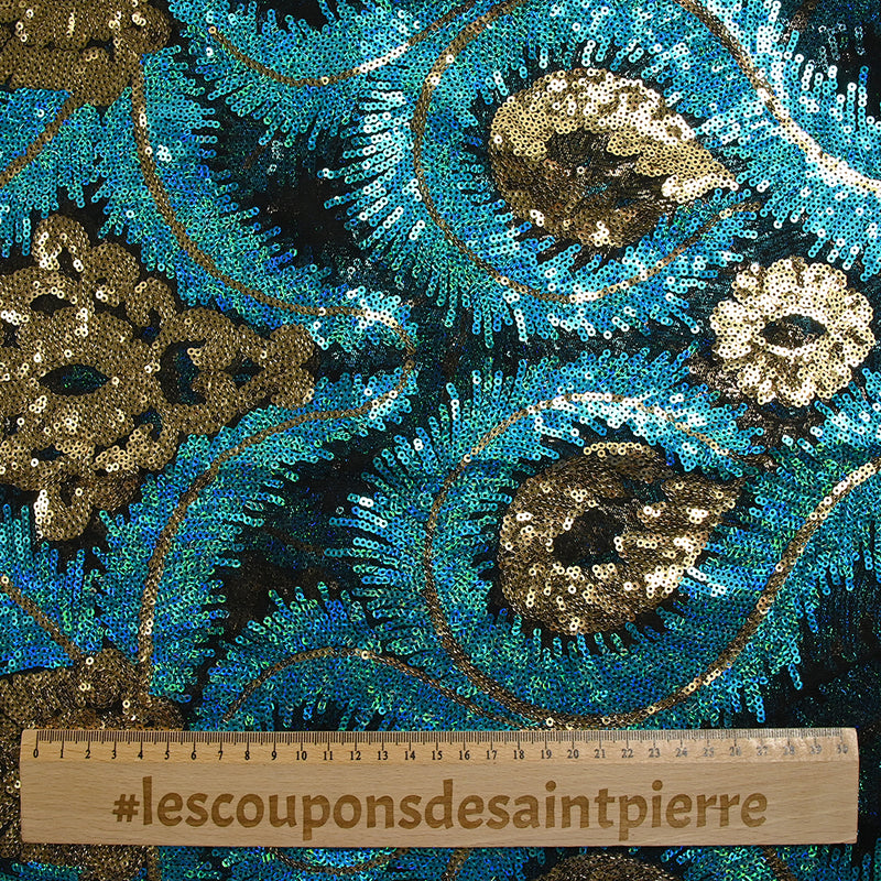 Tulle Sequin Royal Feathers oro y azul turquesa