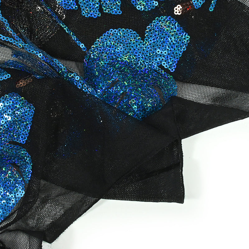 Tulle Sequin Flowers and Monstera Blue and Brown