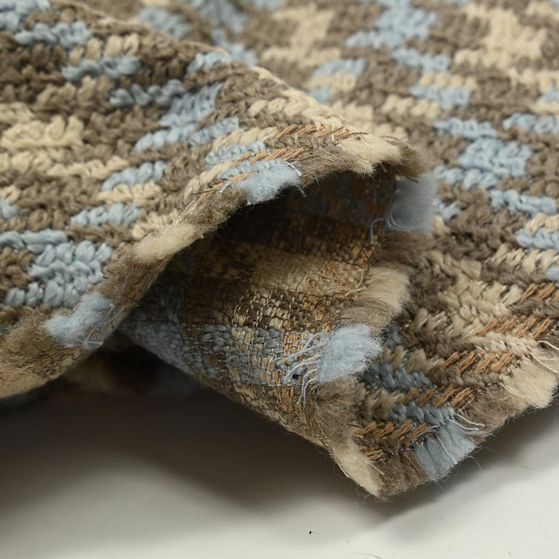 Laine mélangée pied-de-poule bouclé beige, marron et bleu ciel