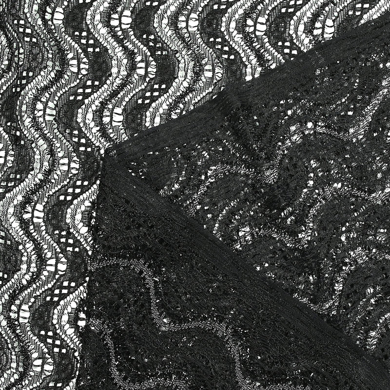 Polyester lace waves Lurex Silver Black Background