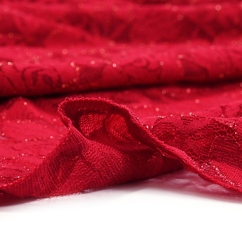 Dentelle polyester Rosie lurex doré fond rouge