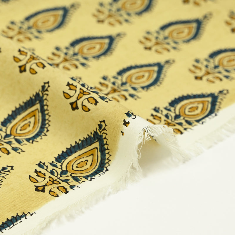 Coton indien imprimé Chennai bleu et ocre fond beige