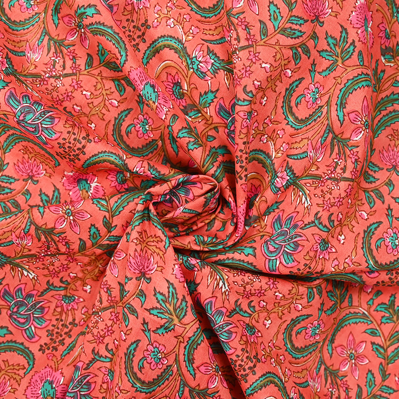 Indian Cotton Print Indore Green And Rose Corail Background