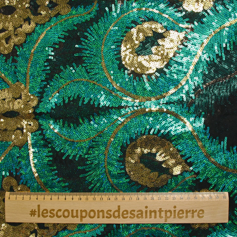 Tulle sequin plumes royales or et émeraude