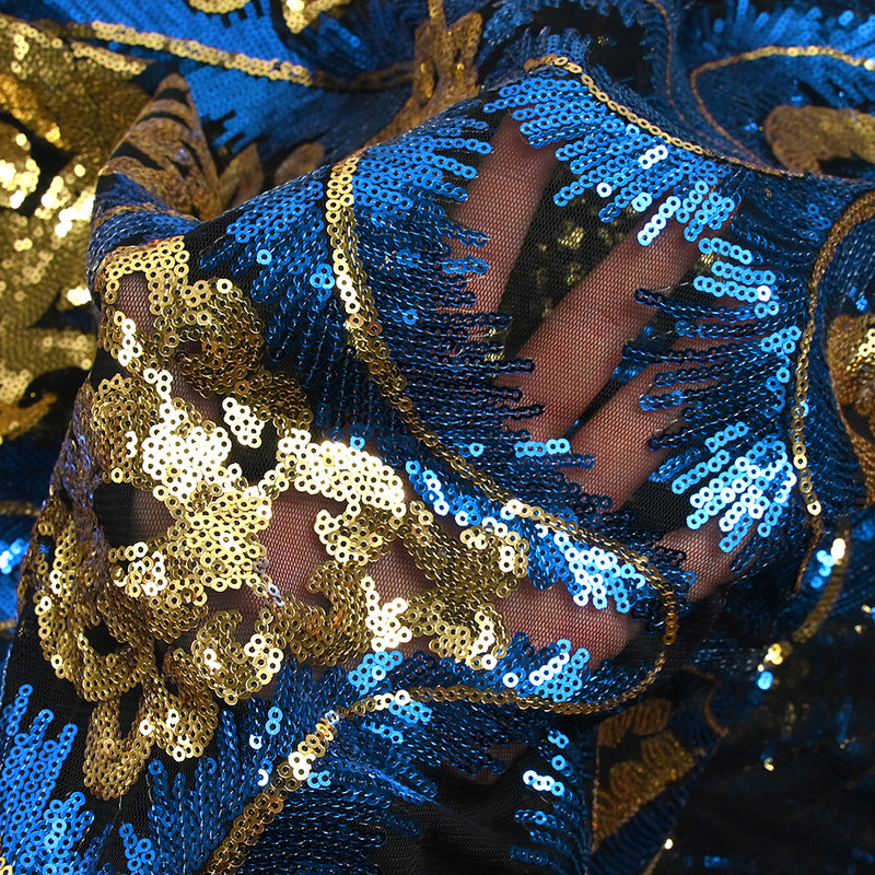 Tulle sequin plumes royales or et bleu