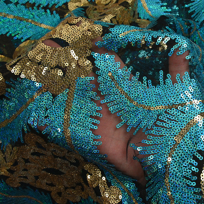 Tulle sequin plumes royales or et bleu turquoise