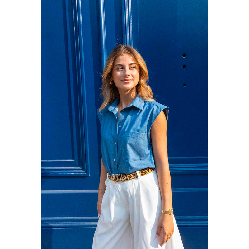 Ensemble Chemise Col Officier et Pantalon en Drap de Soie Bleu avec Broderie Kabyle - BOUTIQUE EN LIGNE