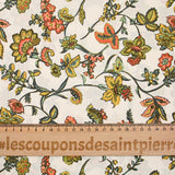 Cotton poplin digitally printed with coral and olive Indian flowers on an ecru background