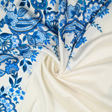 Polyester imprimé fleurs porcelaine bleue fond blanc