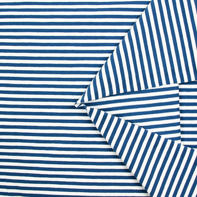 Jersey de coton rayé 5 mm bleu et blanc