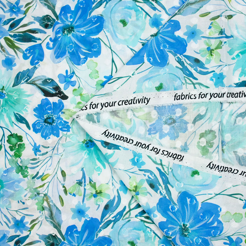 Tissu Voile De Coton Imprimé Bleu Et Vert Style Liberty - 1,45m De Large, 20m De Long - Neuf France