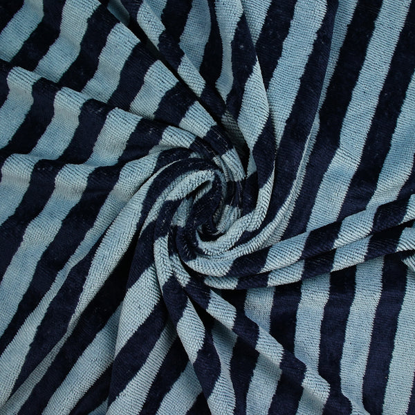 Tissu éponge bambou rayure bleu barbeau et bleu marine vendu au mètre