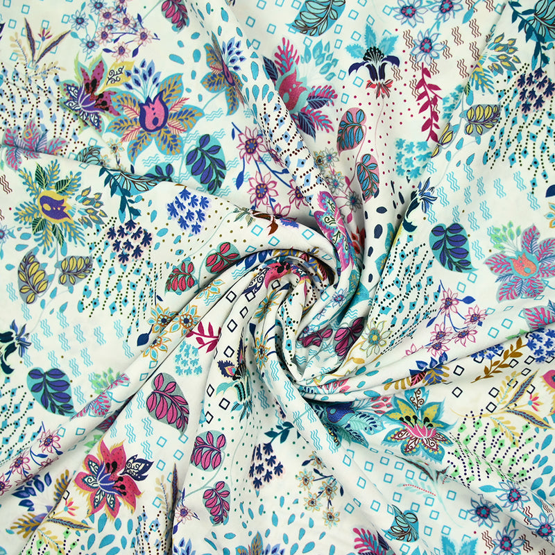 Viscose imprimée explosion florale turquoise fond blanc