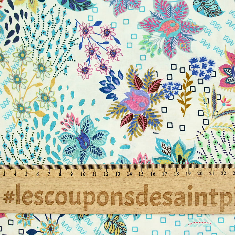 Viscose imprimée explosion florale turquoise fond blanc