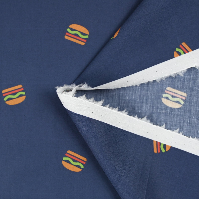 Coton imprimé mini burger fond bleu
