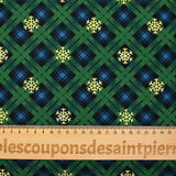 Flanelle de coton imprimée tartan vert sapin et flocons dorés