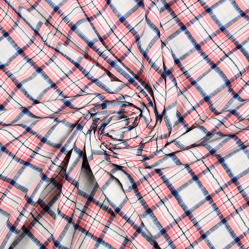 Viscose tissée teint carreaux rouge, noir et bleu fond blanc